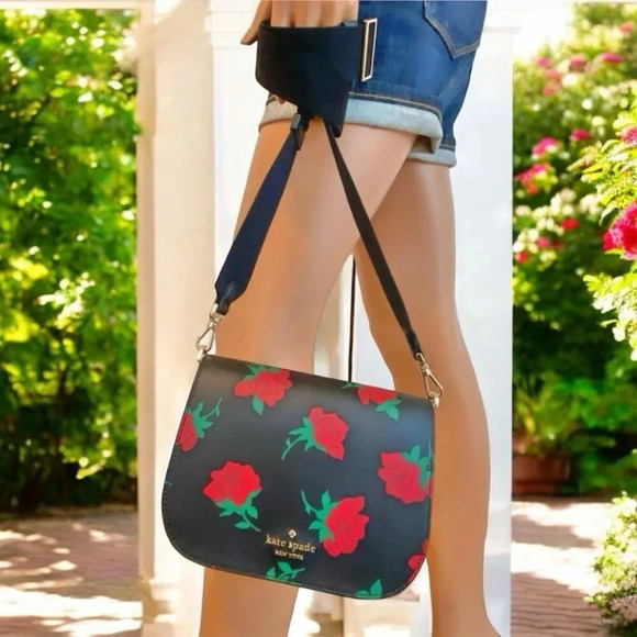 Kate Spade Handbags - Kate Spade Purse Madison Black with Rose Print Saddle Bag NWT